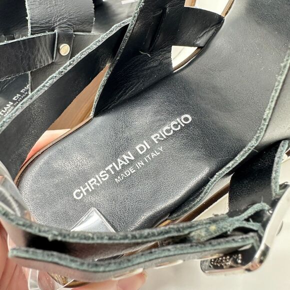 Christian Di Riccio Sandals Womens US 8 Black Leather Platform Wedge Slingback - Picture 6 of 9